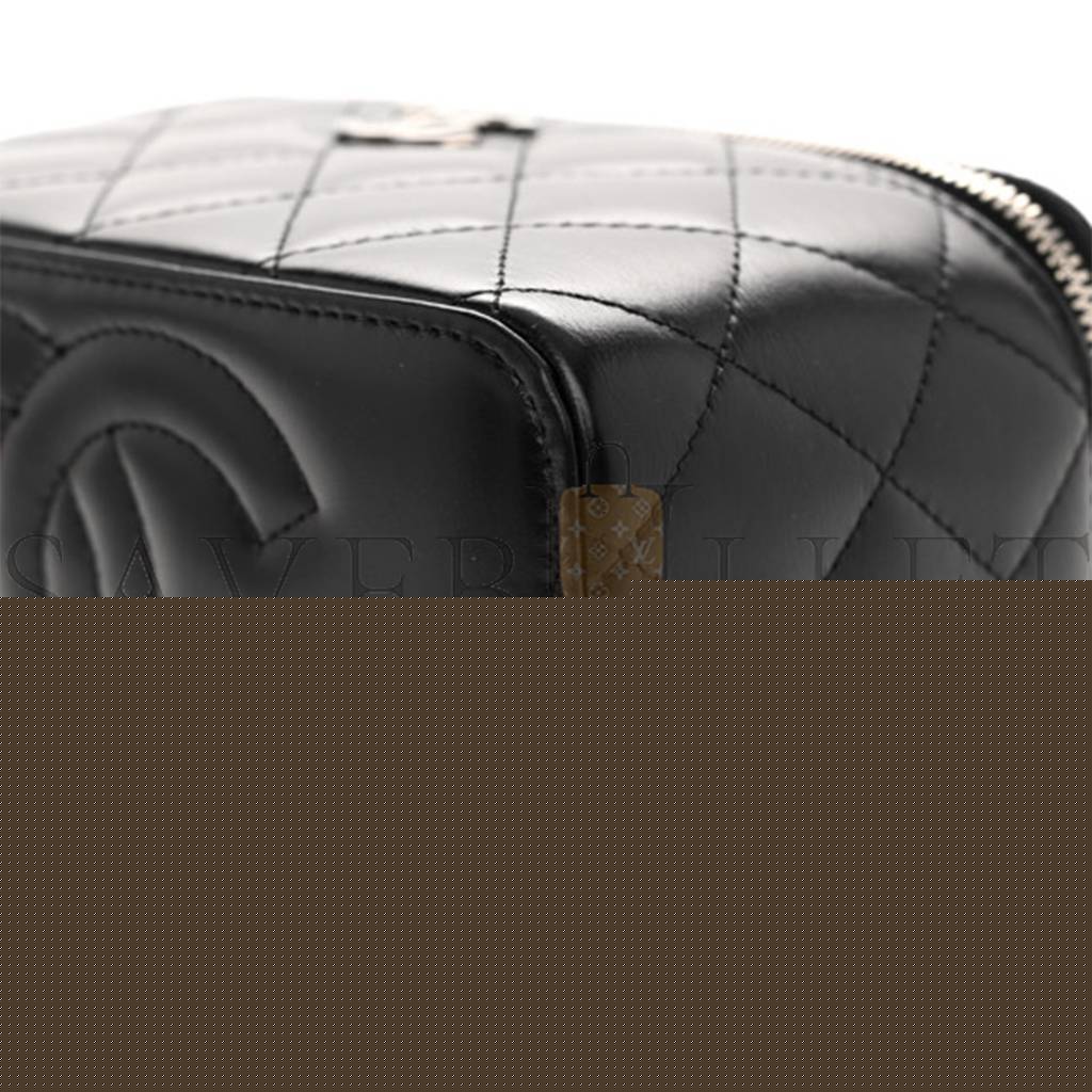 Ch*el master shiny calfskin quilted small crystal top handle vanity case with chain black a96030 (17*9.5*7.8cm)